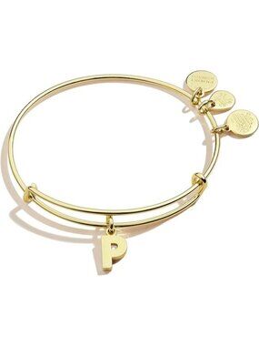 Initial P Gold Expandable Bangle Initials Letter Charm Bracelet, Shiny Finish